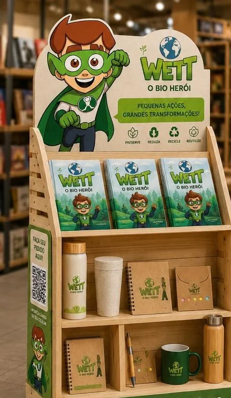 Expositor de palete do Wett com livros e produtos sustentáveis